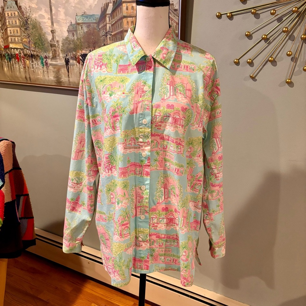 Vintage Lilly Pulitzer Cityscape Print Button Down Shirt - Women’s Size L